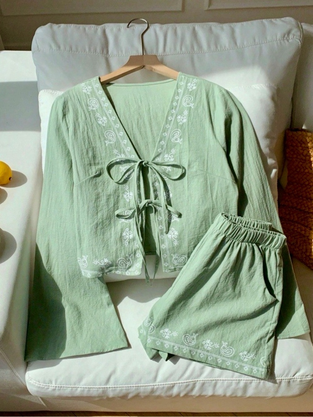 💚 Hello Gorgeous! COTTON Embroidered Tie-Front Top and Pants Set- Light Green